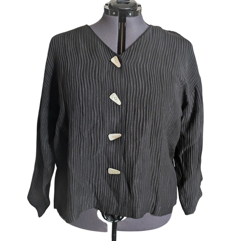 Vintage 90s Corporate Goth Top 2X Black Plisse Crinkle Lagenlook Artsy Button Up